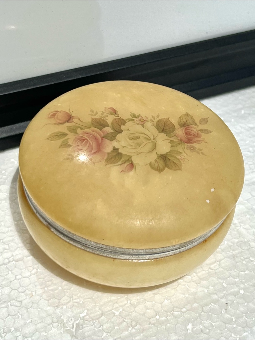 Vintage Antique Alabaster Jewelry Box Italy Yellow Floral Rose Trinket Box